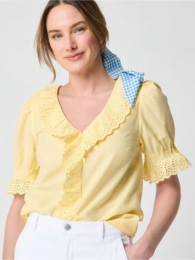 J. Crew Eyelet Ruffle Front Blouse 100% Cotton Puff Sleeve Scalloped Trim Yellow